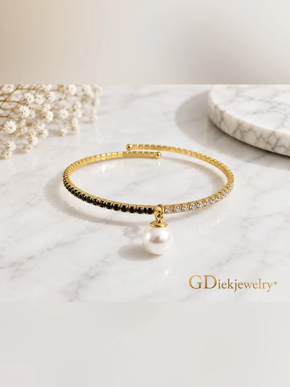 Goldfilled Pearl Charm Bangle Bracelet with Black and Clear Stones